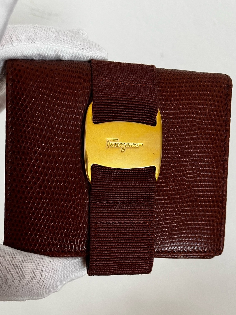 Salvatore Ferragamo Burgundy Embossed Leather Vara Bow Bifold Wallet Late 1980s